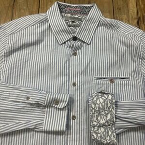 Ted Baker London Shirt Mens Size 5 Blue Striped Flip Cuff Long Sleeve Button Up